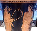 Alcaeus and Sappho holding their lyres and plectra. Attic red-figure calathus, ca. 470 BC, Staatliche Antikensammlungen (Inv. 2416)
