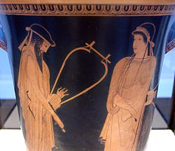 Алкей и Сафо. Атически червенофигурен калатос, ок. 470 г. пр. Хр. Сицилия
