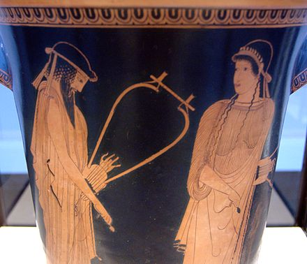 Alcaeus and Sappho depicted on an Attic red-figure calathus c. 470 BC[4]