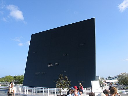 The Space Mirror Memorial at the Kennedy Space Center bears the names of Grissom, White, and Chaffee at the bottom middle.