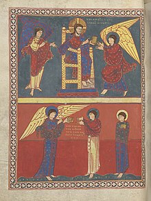 St. John receives his Revelation, Saint-Sever Beatus, 11th century ApocalypseStSeverFol026vJohnRecievesRev.jpg