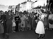 Armi Kuusela, the first titleholder, meets people in Helsinki, Finland. Armi-Kuusela-1952.jpg