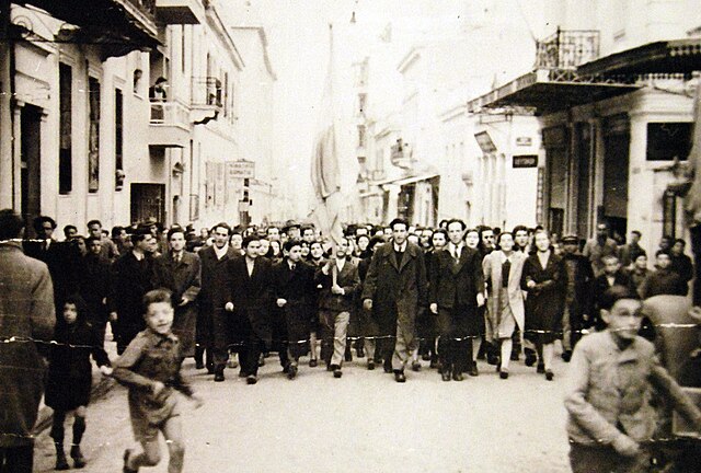 Athens University students parading on Greek National Indpendence Day (25 March) 1942, in defiance of the German and Italian occupation forces; the pa