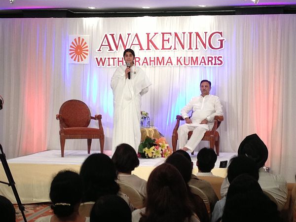 Oberoi with BK Sister Shivani Verma in Bangkok on the pay-to-broadcast television program Awakening with Brahma Kumaris