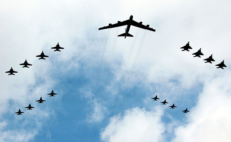 File:B-52 and 16 other planes fly over Kitty Hawk in formation flight August 14, 2007.jpg