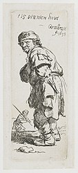 A Peasant Calling out ‘Tis vinnich kout’ label QS:Len,"A Peasant Calling out ‘Tis vinnich kout’" label QS:Lnl,"Een boer, uitroepend ‘tis vinnich kout’" . 1634. etching print. 11.3 × 4.3 cm (4.4 × 1.6 in). Various collections.