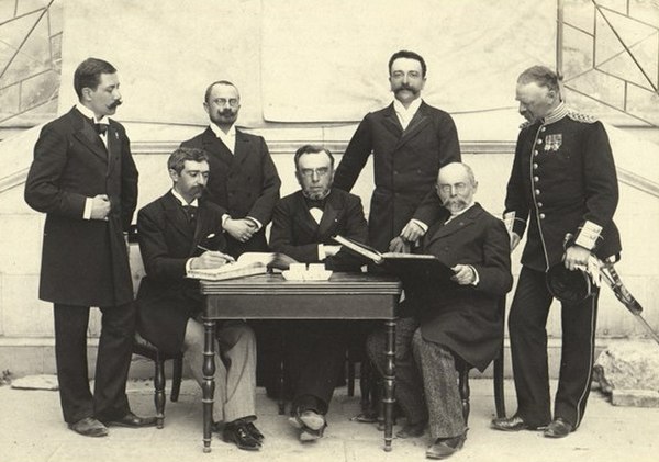 The International Olympic Committee at the first Olympic Games in Athens. Vikelas is seated in the center