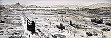 スタンディッシュ・バッカス作の水彩画『広島、1945年』。手前を横断する道が本通り。