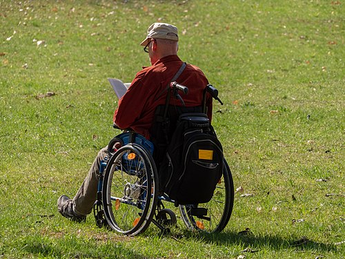 A man in a wheelchair reading a book