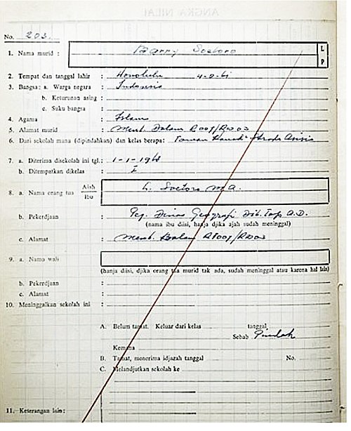 Obama's Indonesian school record in St. Francis of Assisi Catholic Elementary School. Obama was enrolled as "Barry Soetoro" (no. 1), and was wrongly r