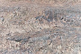 “Basalt face at Whitebird Pass in Idaho. This photo was taken in August 2004 at the rest area overlooking Whitebird Battlefield. It shows basalt running several different directions” (Image and Text: Robbie L. Giles).