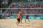 Deutsch: Beachvolleyball bei den Olympischen Jugendspielen 2018; Tag 11, 17. Oktober 2018; Jungen,Finale – Niederlande (Matthew Immers/Yorick de Groot)-Schweden (David Åhman/Jonatan Hellvig) 0:2 (20–22/15–21) English: Beach volleyball at the 2018 Summer Youth Olympics at 17 October 2018 – Final – Netherlands (Matthew Immers/Yorick de Groot)-Sweden (David Åhman/Jonatan Hellvig) 0:2 (20–22/15–21)