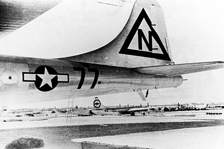 Bockscar with temporary triangle N tail marking, on 9 August 1945, the day of its atomic bombing mission