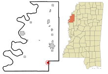 Location of Shaw within Bolivar County and the state of Mississippi. Bolivar County Mississippi Incorporated and Unincorporated areas Shaw Highlighted.svg