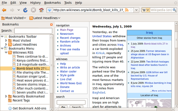 The bookmarks sidebar in Mozilla Firefox 3.0. An alternative to the bookmarks menu, it is similar to sidebars found in Internet Explorer, Opera, and Safari.