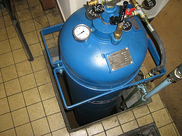 A pressurized air tank used to start a diesel generator set in Paris Metro