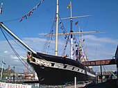 SS Great Britain in dock at Bristol. The ship was fitted with a screw propeller based on trials with Archimedes. SS Great Britain bow view.jpg