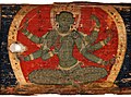 Buddhist art, 12th-century, six-armed green goddess has one hand raised in abhaya mudra and holds a bow and arrow in her upper hands- from a Buddhist Manuscript (cropped).jpg