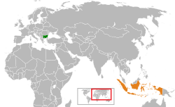 Kartta, josta käyvät ilmi Bulgarian ja Indonesian sijainnit