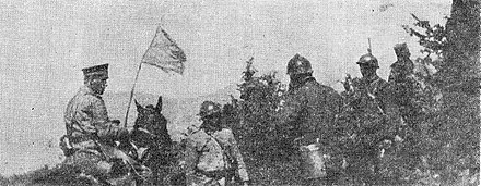 Bulgarian major Ivanov with white flag surrendering to Serbian 7th Danube regiment near Kumanovo