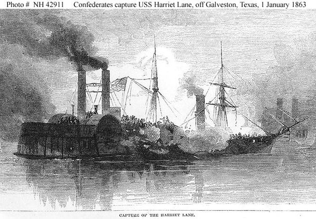 CS Bayou City captures USS Harriet Lane during the Battle of Galveston