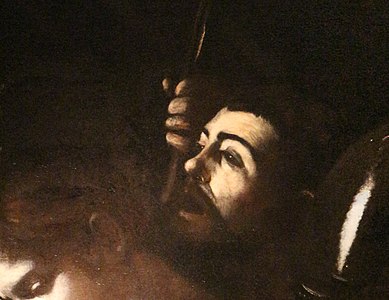 Peinture du visage blafard d'un homme, la bouche ouverte.