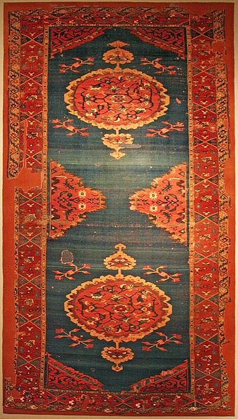 Powerful presence:[57] carpet with double medallion. Central Anatolia (Konya – Karapınar), turn of the 16th/17th centuries. Alâeddin Mosque