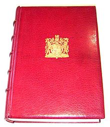 The catalogue of the collection, published 1952, here shown in the deluxe leather bound edition out of the slip-case. Catalogue of The Royal Philatelic Collection, 1952.JPG
