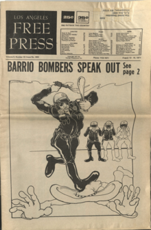 Cover line: "Barrio Bombers Speak Out" (Center for Southwest Research, University of New Mexico - Underground Newspaper Collection) Center for Southwest Research University of New Mexico - Underground Newspaper Collection MSS 514 BC Box 48 Los Angeles Free Press 1971-08-13 Issue 369 Chicano Liberation Front 01.png