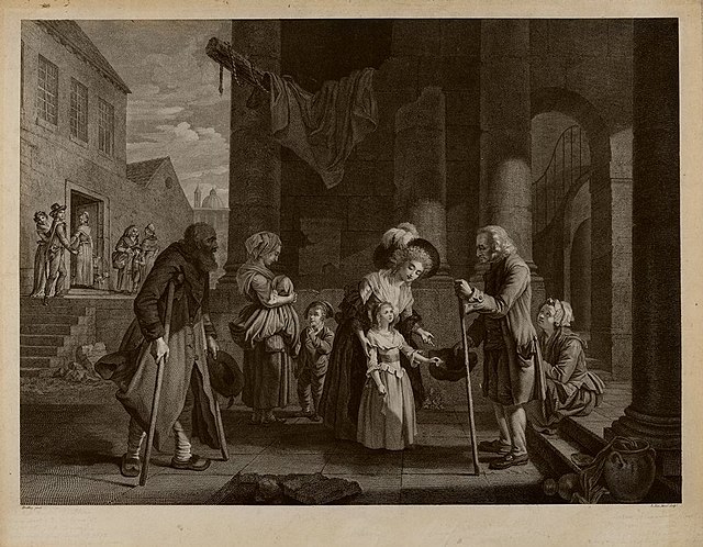Painting by Antoine-Alexandre Morel (1765–1829) depicting charity during the Enlightenment era.