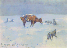 Waiting for a Chinook, by C.M. Russell. Overgrazing and harsh winters were factors that brought an end to the age of the open range. Chinook2.gif
