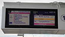 Dual horizontal, ceiling mounted screens as installed at many CityRail stations CityRail indicator board.JPG