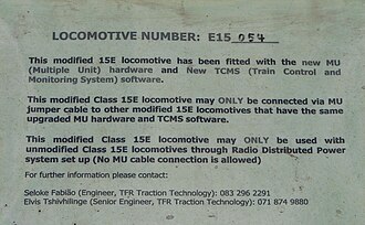 Notice on front door of modified unit no. 15-054, 5 October 2015 Class 15E 15-054 sign.jpg