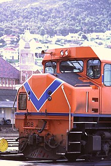 3 ft 6 in (1,067 mm) DB1590 Shire of Collie, in Westrail orange and blue livery, at Albany, 1986. DB1590 Albany, 1986.JPG