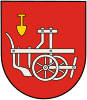 "In a red shield a two-wheeled silver (white) plow pointing to the left, in the right upper corner an upright golden (yellow) shovel."