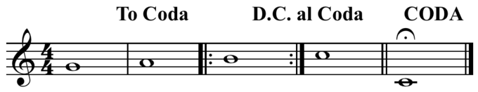 A similar example showing D.C. al Coda. Play (help·info) The notes are played as: G A B B C, G A, low-C