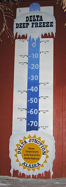 A sign at Delta Junction's visitor center illustrates the coldest winter temperatures recorded in various winters.