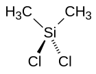 Dimethyldichlorosilane (Si(CH3)2Cl2) is a key precursor to cyclic (D3, D4, etc.) and linear siloxanes. Dichlorodimethylsilane.svg