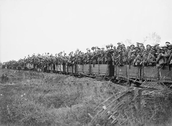 Men of the 11th (Service) Battalion, Durham Light Infantry being taken forward by light railway near Elverdinghe, during the Third Battle of Ypres, 31