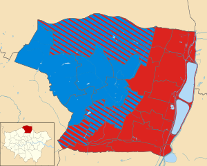 Map of the results of the 2014 Enfield council election. Conservatives in blue and Labour in red. Enfield London UK local election 2014 map.svg