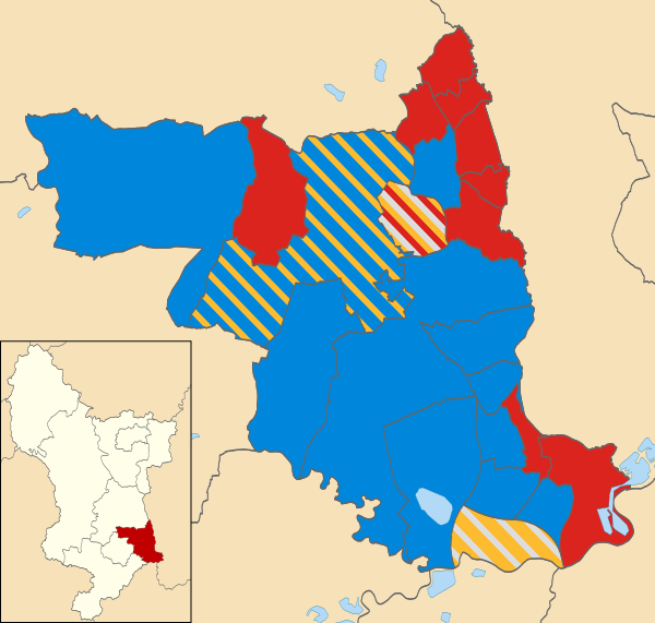 Map of the results of the 2003 Erewash Borough Council election. Conservatives in blue, Labour in red Liberal Democrats in yellow and independents in grey.
