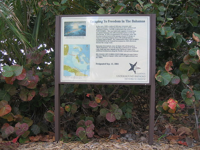 Sign at Bill Baggs Cape Florida State Park commemorating hundreds of enslaved African Americans who in the early 1820s escaped from this area to freed