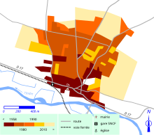 Farvekort, der repræsenterer de successive faser af urbanisering af en by.