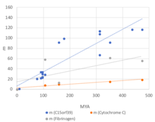 Rate of sequence divergence for C15orf39, Fibrinogen, and Cytochrome C in orthologs. Evolutionary rate for c15orf39.png