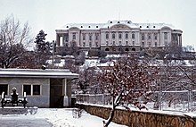 The headquarters of the Soviet 40th Army in Tajbeg Palace, Kabul, 1987. Before the Soviet intervention, the building was the presidential palace, where Hafizullah Amin was assassinated. Evstafiev-40th army HQ-Amin-palace-Kabul.jpg