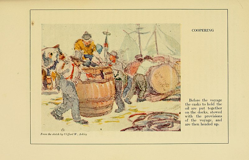 File:FMIB 36328 Coopering - Before the voyage the casks to hold the oil are put together on the docks, stowed with the provisions of the voyage.jpeg