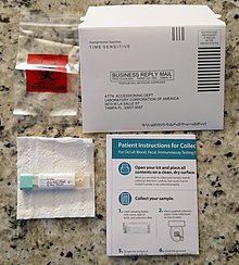 A LabCorp fecal occult blood immunoassay testing kit. Fecal occult blood immunoassay testing kit.jpg