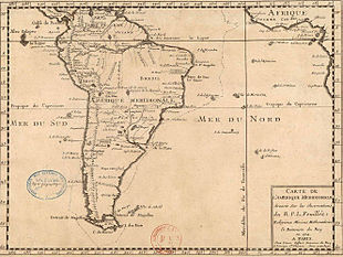 Carte de l'Amérique du Sud gravée par Giffart et dressée sur les indications de Feuillée avec itinéraire de son voyage en 1707-1712