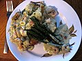 Fish Pie with cod, prawns, mussels & octopus and asparagus spears. (15293903610).jpg