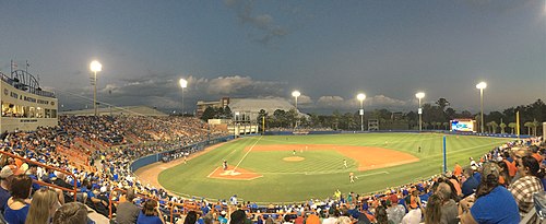 A sellout crowd of 6,206 witnessed Florida defeat Miami 9-3 with a four-run rally in the 7th. FloridaVsMiamiBaseball2019.jpg